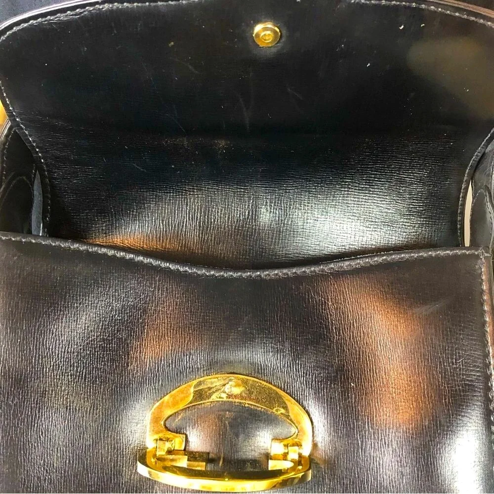 Vintage GUCCI Black Lambskin Leather Single Flap Gold Buckle Shoulder Bag